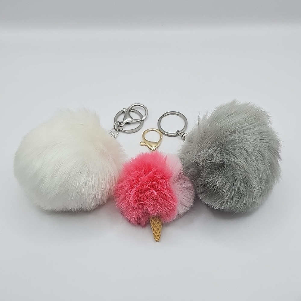 Fluffy Pom Pom Keychain Set - White, Pink, and Gray